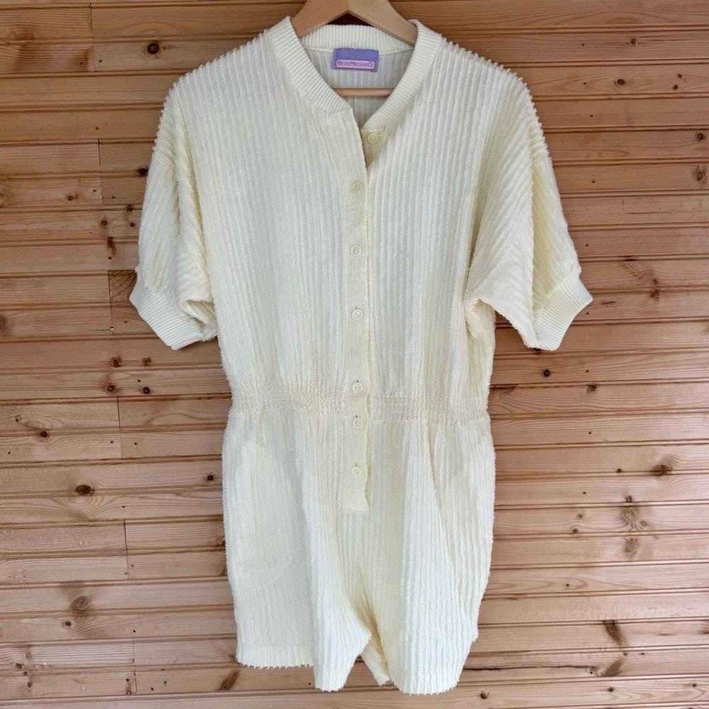VTG 80s Beth Michaels Romper Shorts Terry Pale Butter Yellow Leisurewear Large
